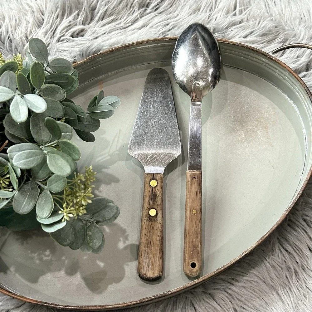 Vintage Stainless Steel Pie/Cake Server & Spoon W/ Wooden Handles‎ Made In USA